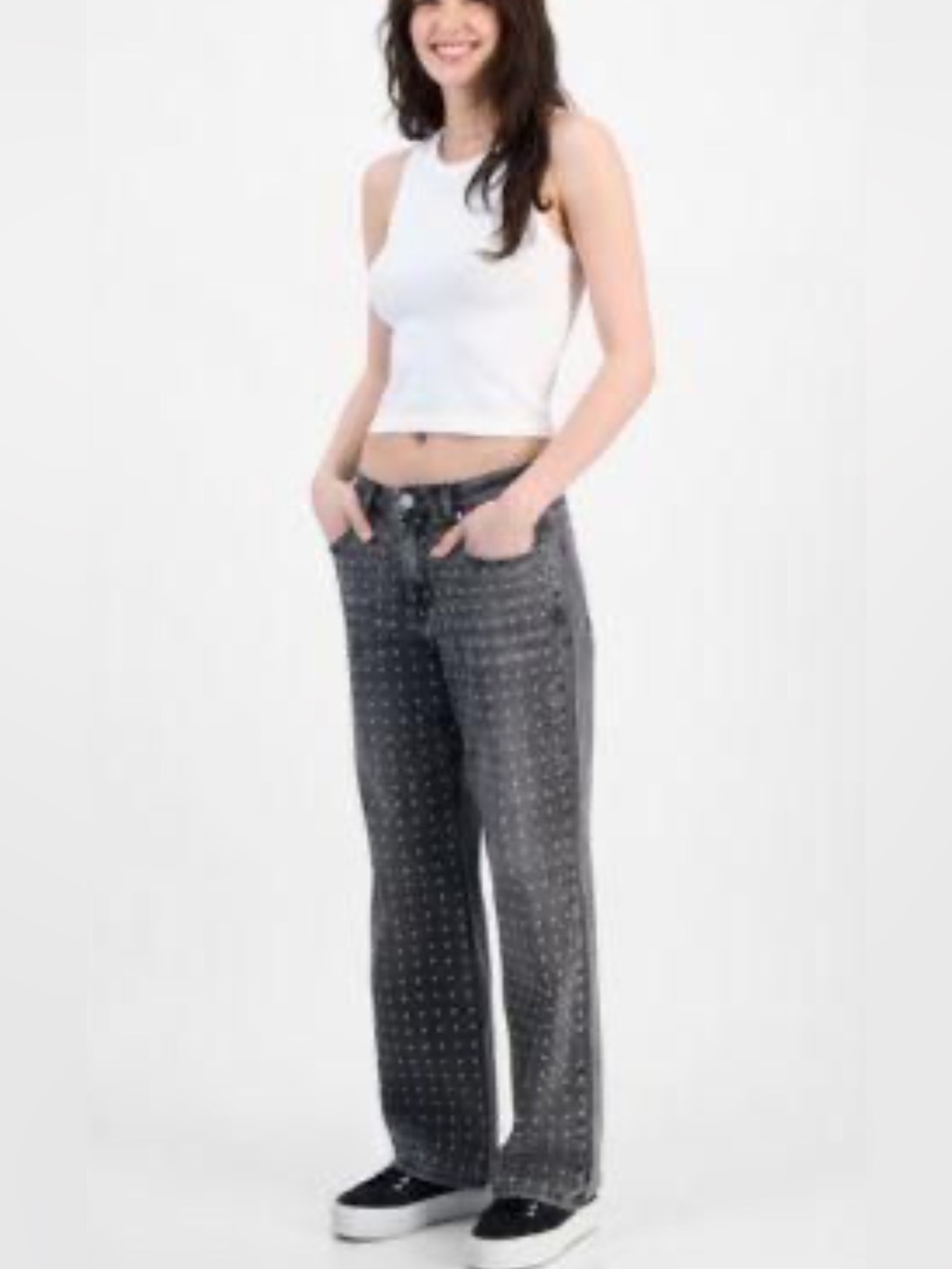 SUPERFINE Black Washed Wide-Leg Jeans with White Stitch Dots